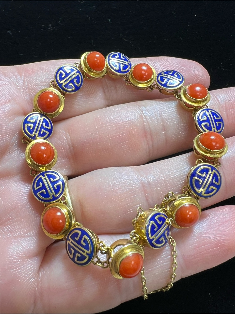 14K Gold Bracelet with Red Cabochons and Blue Enamel Accents